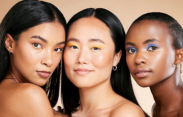 Image showing Diversity, beauty and women, face and portrait with skincare, natural cosmetics and eye makeup isolated on studio background. Cosmetic glow, different skin color and wellness, dermatology and facial