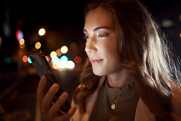 Image showing Woman, face or phone in night city, road or street for social media, taxi call or cab searching in London urban location. Student, tourist or person on mobile communication technology in dark travel