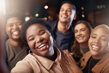 Image showing Happy people, portrait or night phone selfie in city for diversity party, New Year event or birthday celebration. Smile, bonding or friends on mobile photography pov, social media or profile picture