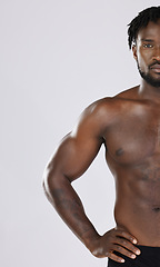 Image showing Half, portrait and black man body in studio for wellness, grooming and akimbo on grey background. Muscular, man and beauty routine on mockup, relax and skincare treatment on shirtless model isolated