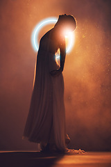 Image showing Neon circle, silhouette and woman in orange lighting for creative fashion, art deco and beauty. Ballet dancer, glowing aesthetic and shadow of girl pose for dream, fantasy and theatre on stage