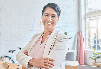 Image showing Leadership, fashion and designer with portrait of senior woman in workshop studio for manufacturing, planning and idea. Tailor, boutique and retail with employee and illustration for small business