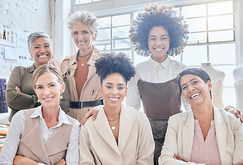 Image showing Women team, designer portrait and fashion meeting of a marketing group happy about teamwork. Ecommerce, business solidarity and diversity of people with a smile and happiness from collaboration