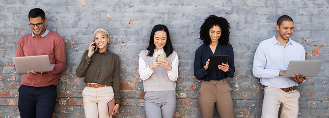 Image showing Recruitment, success and people in waiting room on job search, internship opportunity or career diversity. Brick wall, technology and group friends on website, laptop and phone call for we are hiring