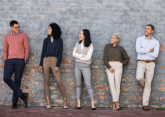 Image showing Diversity, smile and team standing at wall at creative startup company waiting for recruitment. Human resources, job opportunity and group of happy hr employees in row, business people stand together