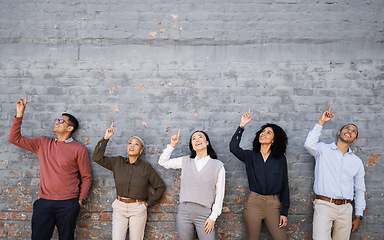 Image showing Diversity, wall and happy business people pointing at mockup space, marketing mock up or advertising. Collaboration, teamwork or row of company employee group with hand gesture for hiring recruitment