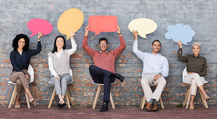 Image showing Speech bubble, communication and feedback with business people and mockup for social media, vote and review. Design, contact and chat sign with employee and board at brick wall for voice and opinion