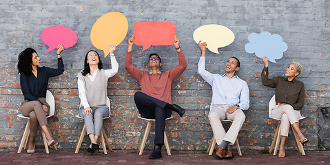 Image showing Speech bubble, communication and idea with business people and mockup for social media, vote and review. Design, contact and chat sign with employee and board at brick wall for voice and opinion