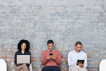 Image showing Diversity, recruitment or business people waiting at startup company, job interview or hiring team. Teamwork, mockup wall or employee for cyber security, technology collaboration or programmer work