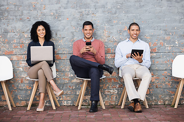 Image showing Happy, recruitment or startup people portrait for agency meeting, human resources or hiring team. Teamwork, collaboration or employee smile for cyber, tech and digital work job interview