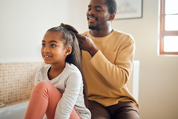 Image showing Family, black father and help girl with hair, smile and bonding together in bathroom, relax and conversation. Love, dad and daughter with hairstyle, happiness or loving with kid and child development