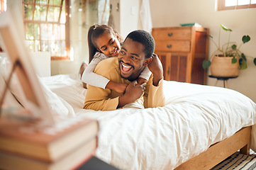 Image showing Happy, playing and father and daughter in bedroom for bonding, support and affectionate. Smile, happiness and laughing with dad and child in black family home for care, quality time and playful