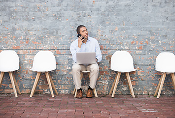 Image showing Recruitment, phone call and person at an outside waiting room, thinking of career opportunity and job search. Interview, sitting in line and man technology talk for we are hiring, faq and networking