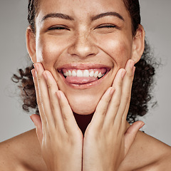 Image showing Beauty, face and portrait of a black woman model smile from facial and spa treatment. Studio background, isolated and wellness skincare of a person with happy skin glow from dermatology detox