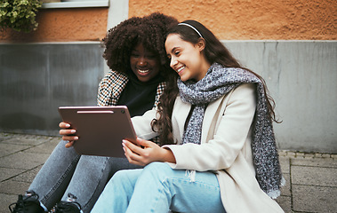 Image showing Women, fashion or tablet on travel blogging, location search or social media on London road, street or sidewalk. Smile, happy or bonding friends on technology, 5g vlogging app or city podcast network