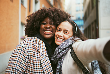 Image showing Women, bonding or selfie portrait in travel holiday or sightseeing vacation in London city, road or street. Smile, happy or fashion friends in photography pov on social media, profile picture or blog