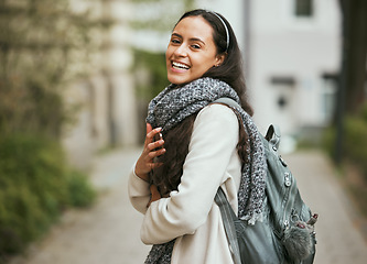 Image showing Travel, walking in city and woman with tablet in for university, college and studying abroad in London UK. Education, international school and girl student excited for adventure, freedom and journey