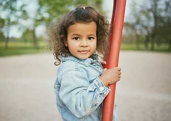 Image showing Portrait, black girl and in park to play, summer and happiness on weekend, freedom and carefree. Outdoor, African American kid and female young person at playground, motivation and child development