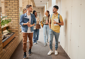 Image showing School, education and university students, people or group walking to class in campus community and studying. Diversity friends, learning and talking of project or happy college and social lifestyle