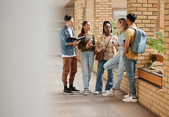 Image showing Education, friends and college with students talking on campus with books for learning, scholarship or knowledge. Study, future or university with people for back to school, academy and group goal