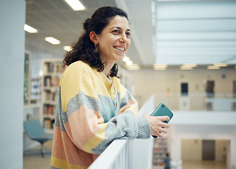 Image showing University, happy professor or teacher woman with research goals, vision for success and excited for knowledge teaching. Campus, college or school person thinking of education and creative study