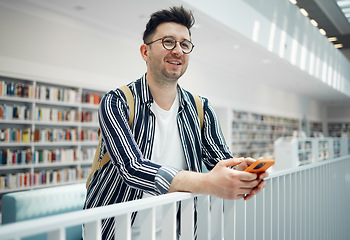 Image showing Library, smart student or intelligent man with phd research goals, vision for success and excited for knowledge learning. University, campus or college people thinking of books in education and study