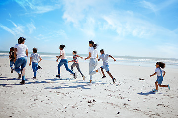 Image showing Running family, beach and adoption kids with happiness, bonding and sand with speed on summer vacation. Women, children and happy workout for group on holiday by ocean with diversity, love and care