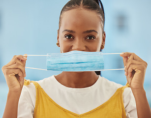 Image showing Portrait, black woman and mask for protection, safety regulations and against virus, illness and disease. Nigerian female, lady and face cover for healthcare, medical rules or compliance for wellness