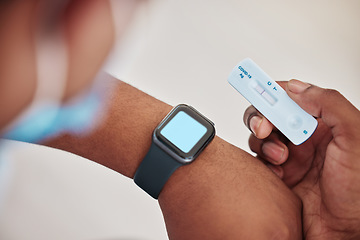 Image showing Healthcare, black man and hand with covid rapid test and smartwatch screen for advertising mockup. Corona pcr and results of person with medical exam kit at hospital or virus testing clinic zoom.