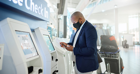 Image showing Black man, mask and checking phone in airport for corporate travel information, destination details and flight ticket. African businessman, digital communication and smartphone, check in and safety