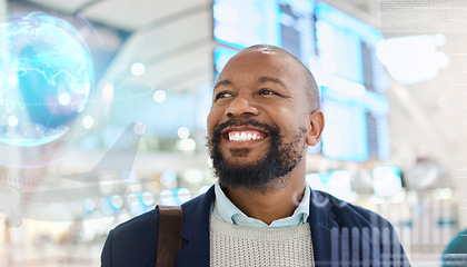 Image showing Smile, travel or happy black man in an airport for an international conference, seminar or global convention. Airplane, face or excited African businessman traveling on a holiday vacation journey