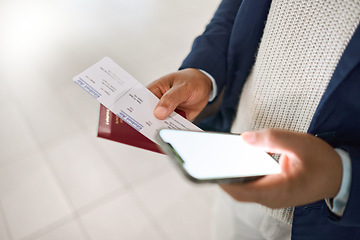 Image showing Hands, phone and passport with ticket for travel, schedule or checking flight times on mobile app at a airport. Hand of business employee holding smartphone, screen or ID document for trip or journey