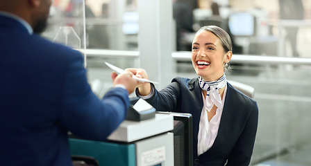 Image showing Airport, passport and travel with a woman passenger assistant helping a business man traveller with check in. Security, immigration or documents with a female working in a terminal for border control