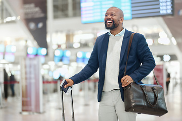 Image showing African businessman, walking and airport with smile, happy and luggage on global business trip. Corporate black man, international travel or excited at terminal for immigration, work or career growth