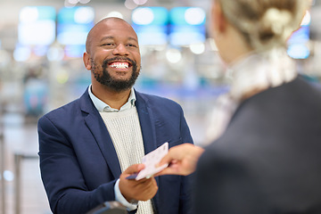 Image showing African businessman, ticket and woman at airport with excited smile, customer support and help for global travel. Corporate black man, concierge and happy for business trip, immigration or networking