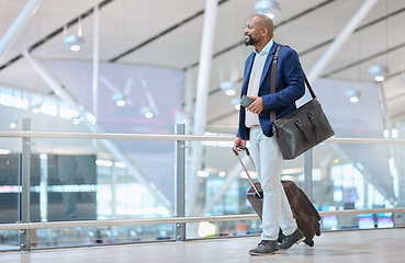 Image showing Corporate, black man in airport and travel for conference, workshop and ceo with happiness and tourism. Nigerian male, entrepreneur and leader commute, abroad destination and employee with luggage