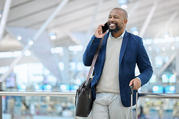 Image showing African businessman, phone call and airport with excited smile, luggage and conversation for planning travel. Corporate black man, smartphone and happy for business trip, immigration and networking