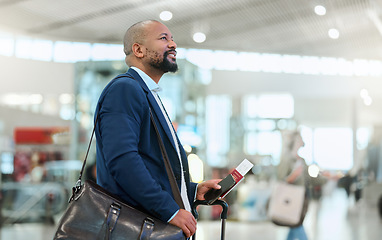 Image showing African businessman, airport terminal and walking, search or thinking for flight schedule time with passport. Corporate black man, global travel and focus on itinerary with personal luggage in London