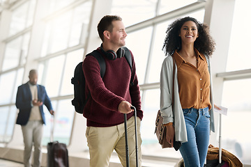 Image showing Travel, airport and happy business people with luggage for a corporate work trip for a convention. Happy, smile and professional team of employees with suitcases traveling for their job together.