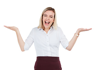 Image showing Business woman, shocked face and hands for surprise, announcement in isolated white background. Young female, excited facial expression and question or amazed hand gesture in white background studio