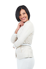 Image showing Happy, confident and portrait of a beautiful woman isolated on a white background in a studio. Smile, professional pride and young stylish employee with class, ambition and elegance on a backdrop