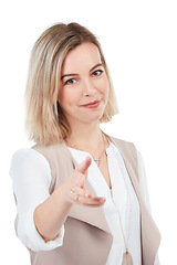 Image showing White background, handshake and portrait of business woman for welcome, thank you and recruitment. Corporate worker, mockup and isolated girl shaking hands for partnership, deal and success in studio