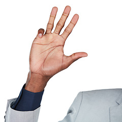 Image showing Hand gesture, palm and mockup with a business black man in studio isolated on a white background to gesture a number. Emoji, icon and sign with a male employee counting on black space wearing a suit