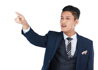 Image showing Businessman, curious or pointing on isolated white background, marketing space or advertising mockup. Thinking, question or corporate worker with showing hand gesture at interesting or confused offer