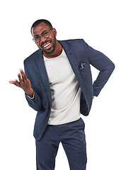 Image showing Confused, question and portrait of black man or businessman isolated against a studio white background. Wtf, huh and corporate professional employee, worker or entrepreneur asking gesture