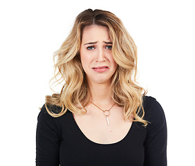 Image showing Sad, crying and studio portrait of woman with mental health problem, depression or upset over crisis. Tears, emotional pain and face of model depressed over fail mistake isolated on white background