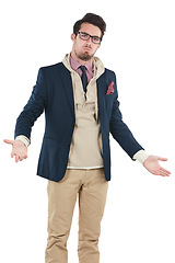 Image showing Fashion, studio and man with a dont know gesture with a casual, style and trendy outfit. Serious, confused and portrait of a male person with stylish clothes and glasses isolated by white background.