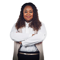 Image showing Proud, portrait and business woman in studio, empowered and confident on white background. Face, leader and black woman standing in power, ambition and confidence, assertive and positive or isolated