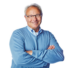 Image showing Portrait, senior man and arms crossed with smile, leadership or citizen isolated on white studio background. Face, elderly male or mature gentleman with happiness, retirement or confident on backdrop