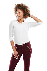 Image showing Fashion, casual and happy woman in a studio with a stylish, cool and trendy beautiful outfit. Style, happiness and female person or model with an afro from Mexico posing isolated by white background.